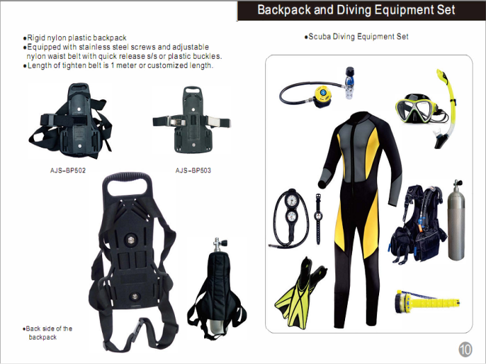 Backpack and Diving Equipment Set